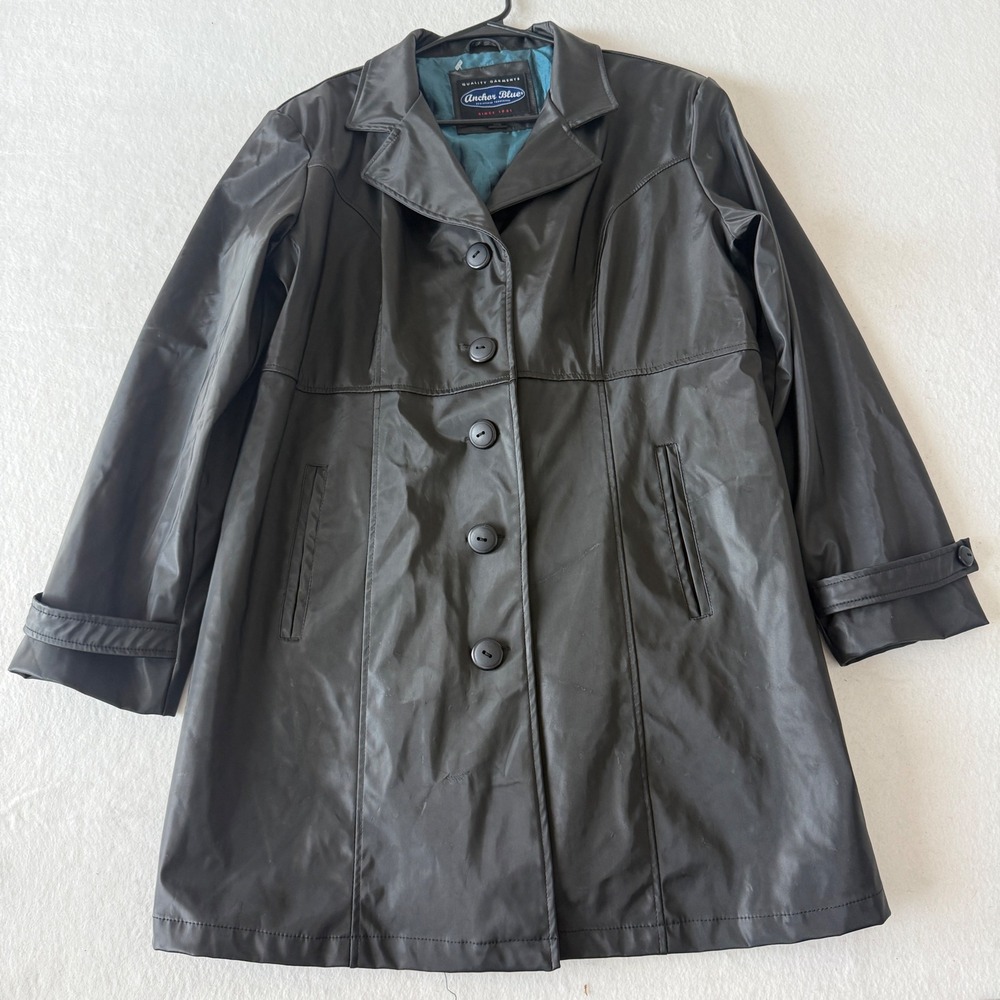 Anchor Blue Trench Rain Coat Womens XL Black Vintage 90s Y2K Teal Lining Grunge